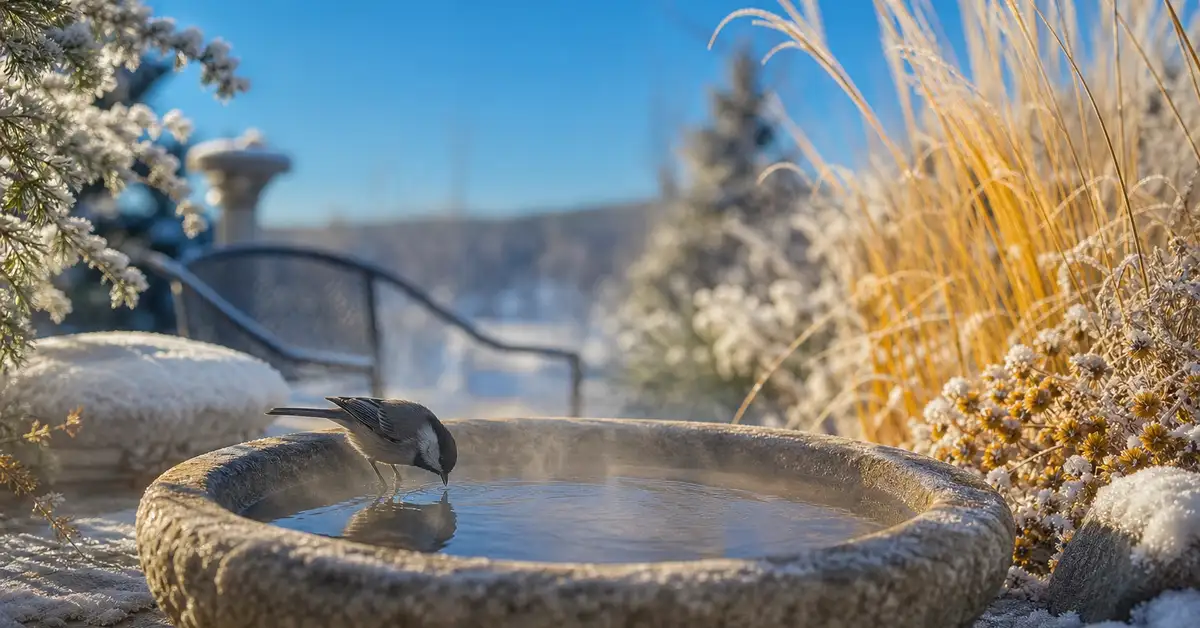 Heated bird bath with steam rising over open water on a frosty morning