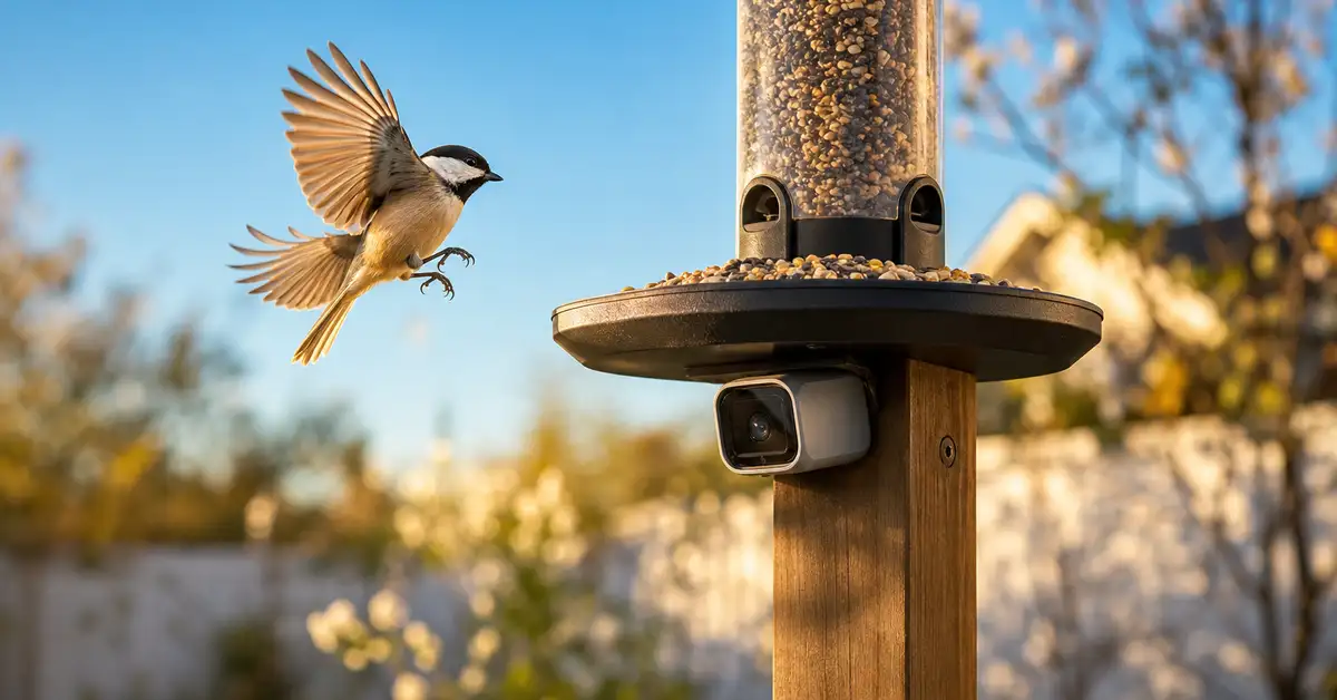 Bird feeder with a discreet camera sensor beneath the tray as a chickadee approaches