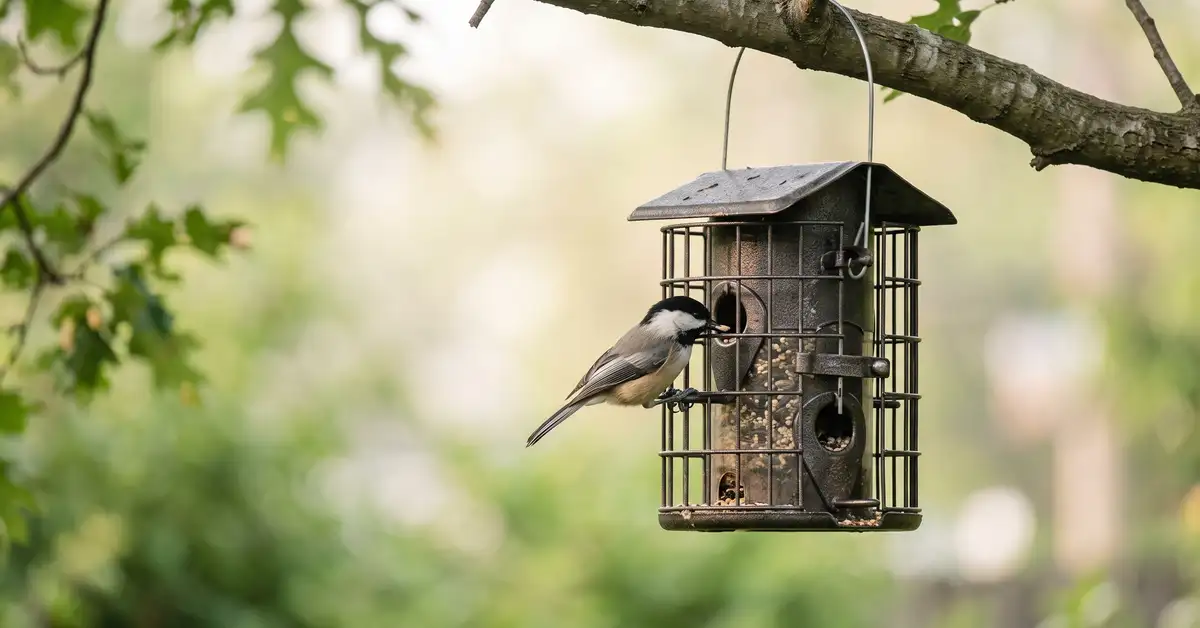 Chickadee on a caged squirrel-proof bird feeder