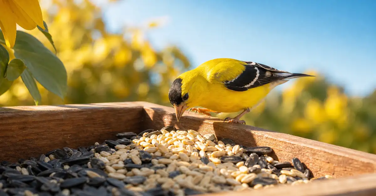 Wooden feeder tray of black-oil sunflower seed and hulled hearts with a songbird feeding