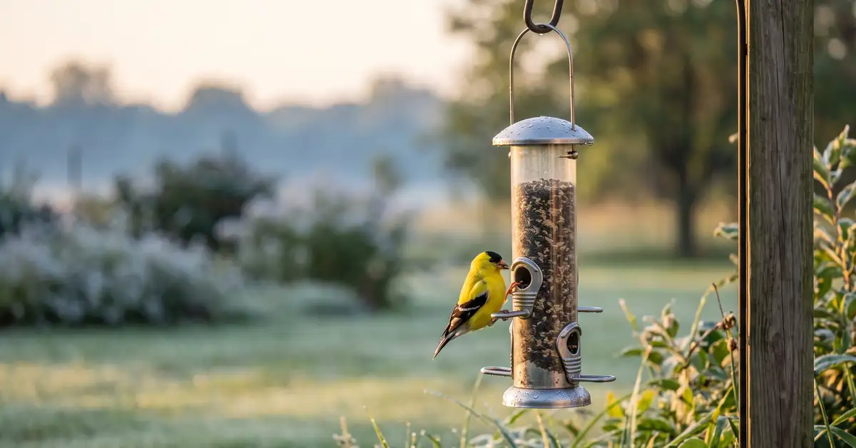 American goldfinch on a tube feeder at first light