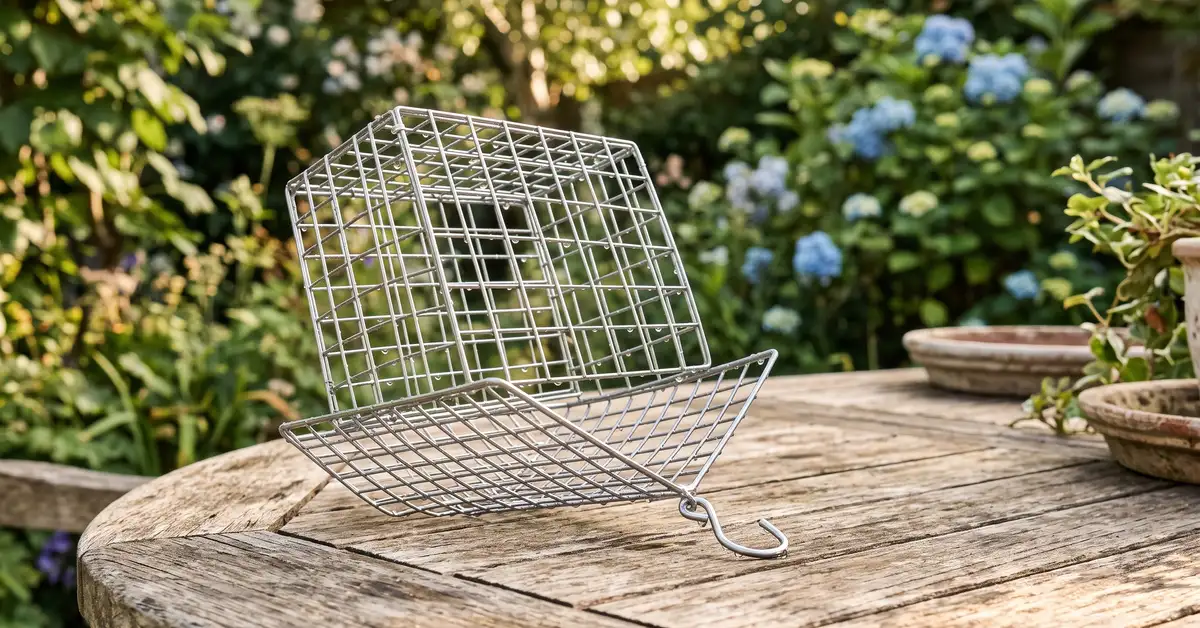 Clean wire suet cage feeder drying on a garden table
