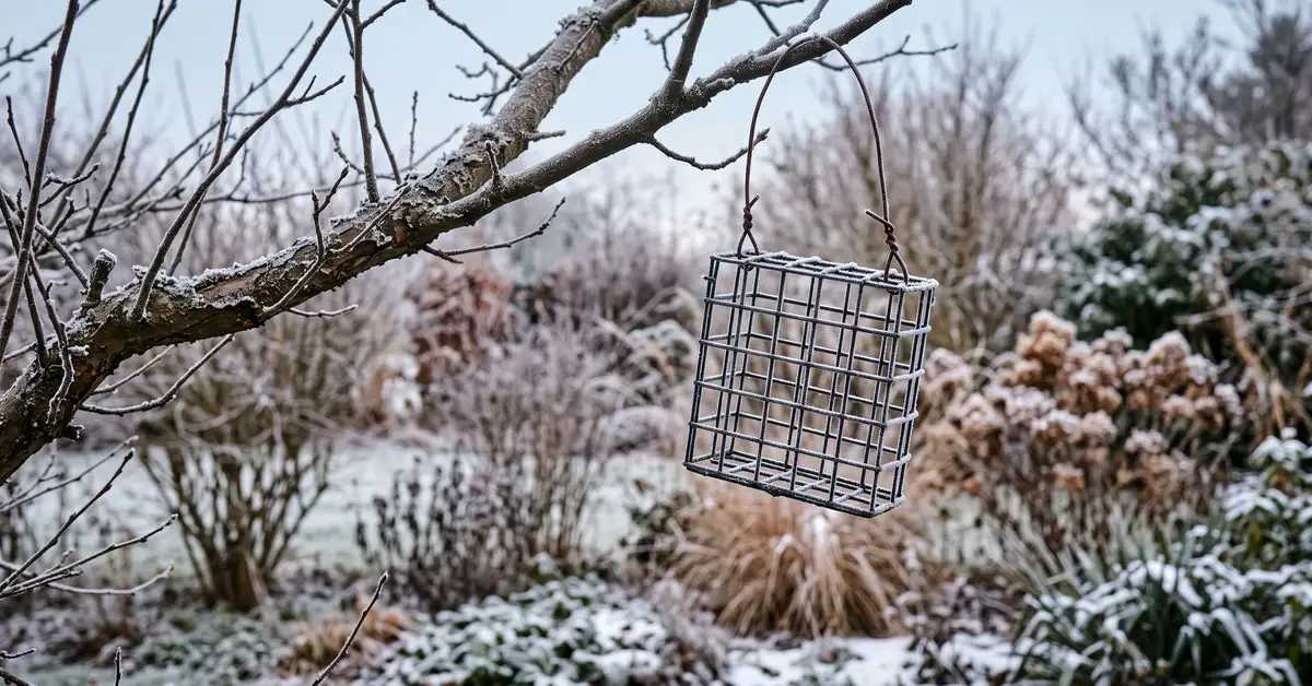 Empty wire suet cage feeder hanging from a bare branch in a frosty garden