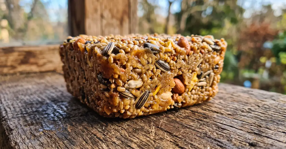 Close-up of a suet cake block textured with seeds and nuts