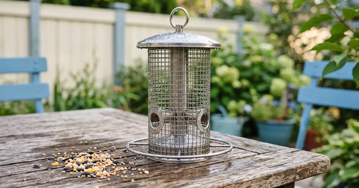 Clean squirrel-resistant bird feeder with fresh seed drying in soft garden light