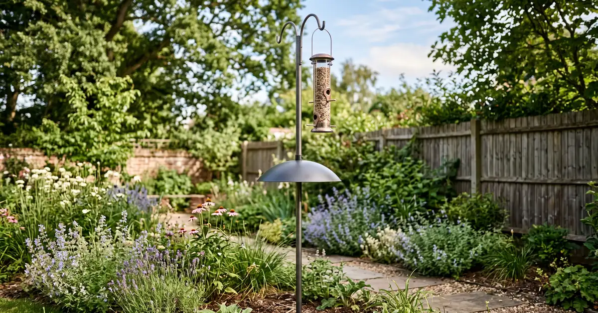 Squirrel-resistant bird feeder mounted on a pole with a baffle well clear of trees and fences