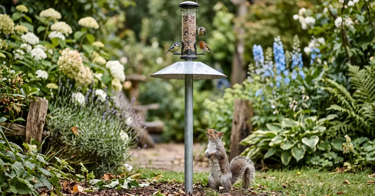 A squirrel attempting to reach a weight-activated bird feeder mounted well clear of a fence