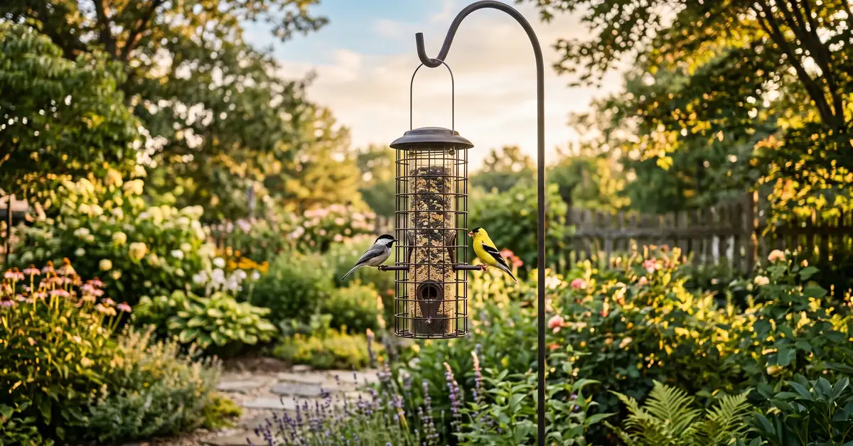 Weight-activated squirrel-resistant bird feeder hanging in a garden with songbirds at the ports