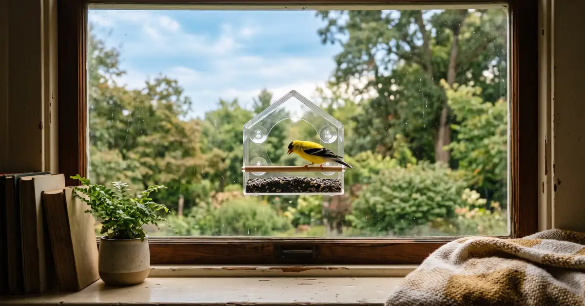 View from indoors through a window at a small bird feeding on a window-mounted feeder