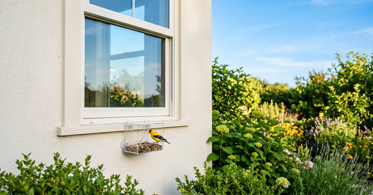 Small window-mounted bird feeder attached close to a house window at the safe collision-avoiding distance