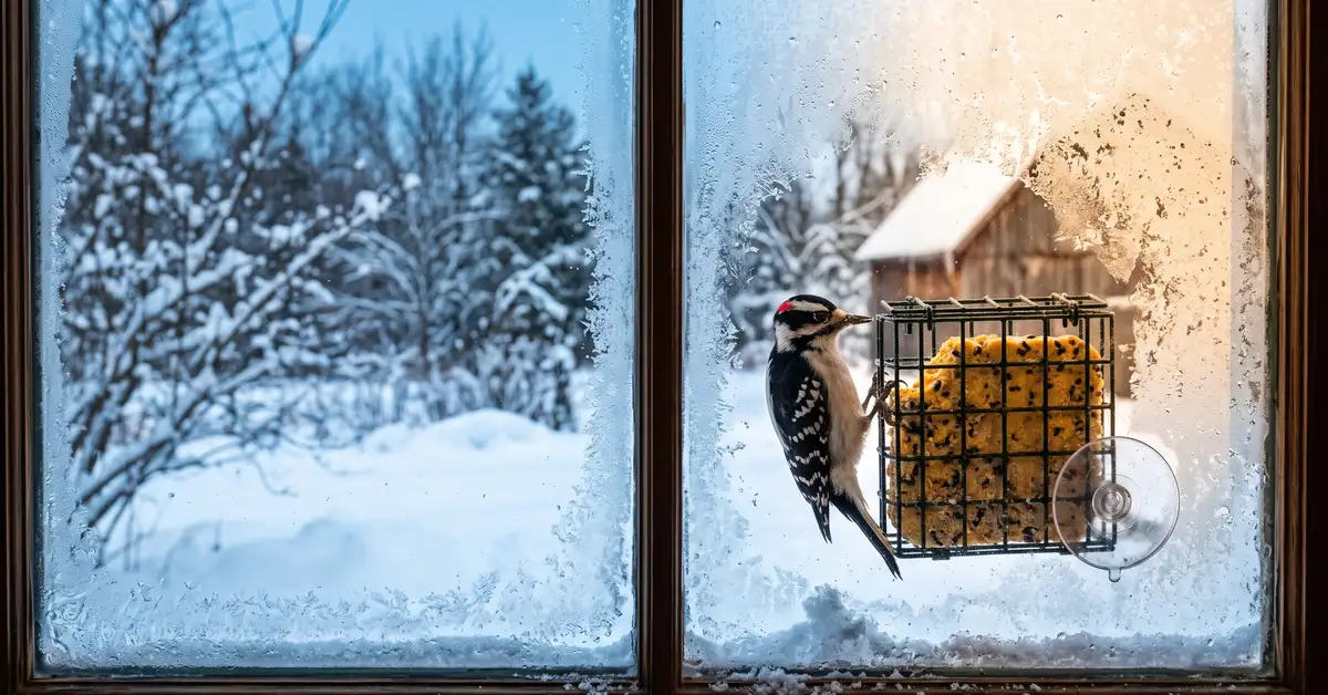 Woodpecker feeding from a small suet cage window feeder on a frosty winter window