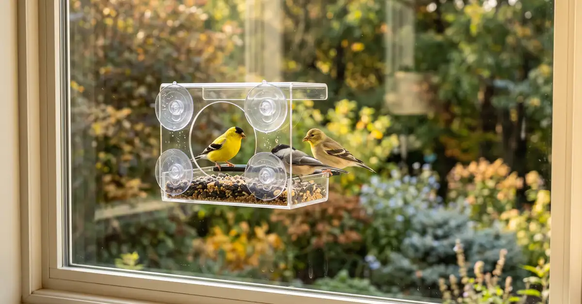 Window bird feeder mounted with suction cups on the outside of a home window with songbirds feeding