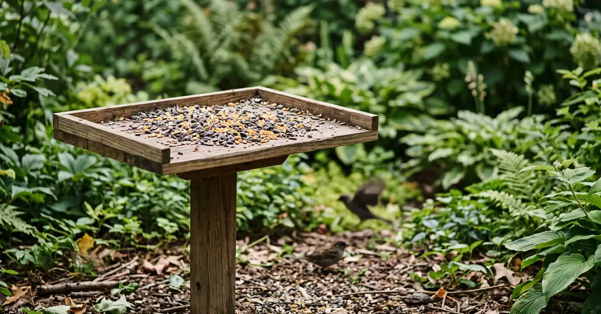 Platform bird feeder with scattered seed and songbirds foraging on the ground beneath it