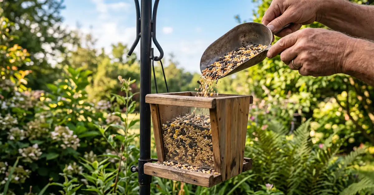 Birdseed being poured from a scoop into a hopper feeder on a garden pole in soft morning light