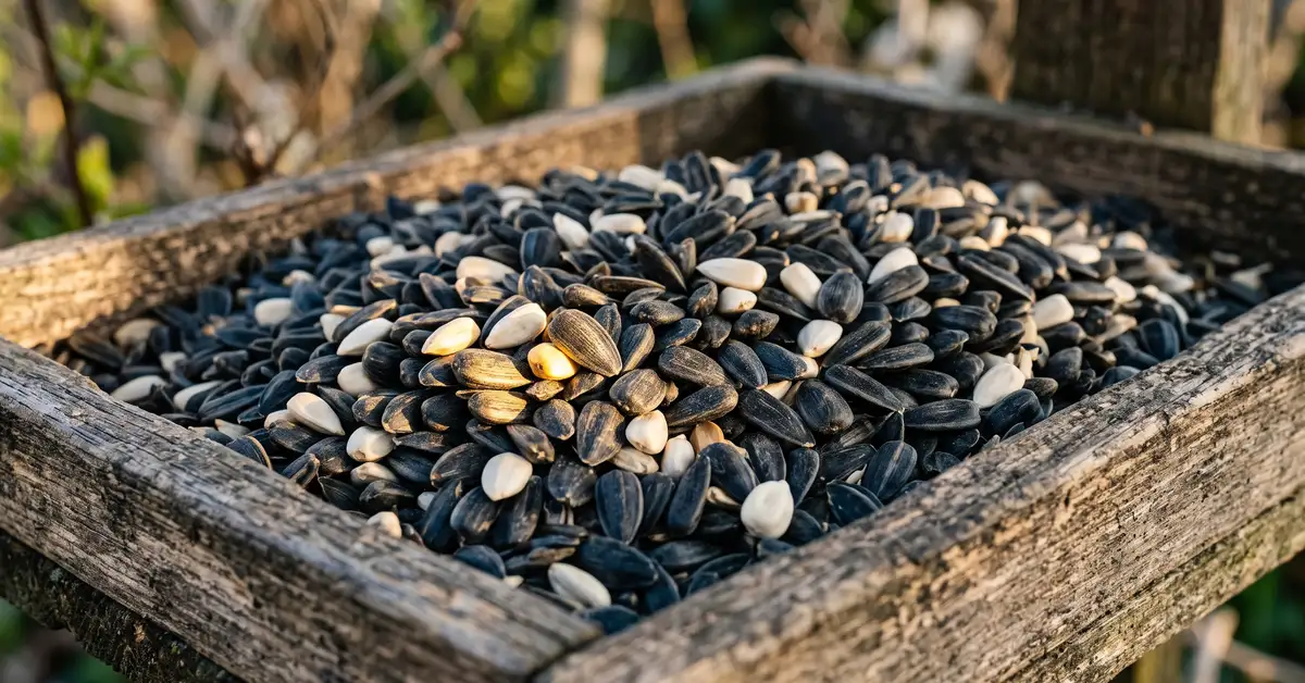 Close-up of black-oil sunflower and safflower seeds mixed together in a wooden feeder tray