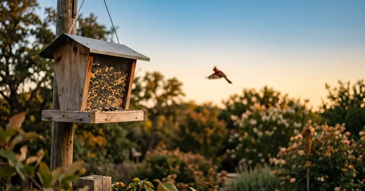 Hopper bird feeder filled with sunflower and safflower seed at golden hour with a songbird approaching in the distance